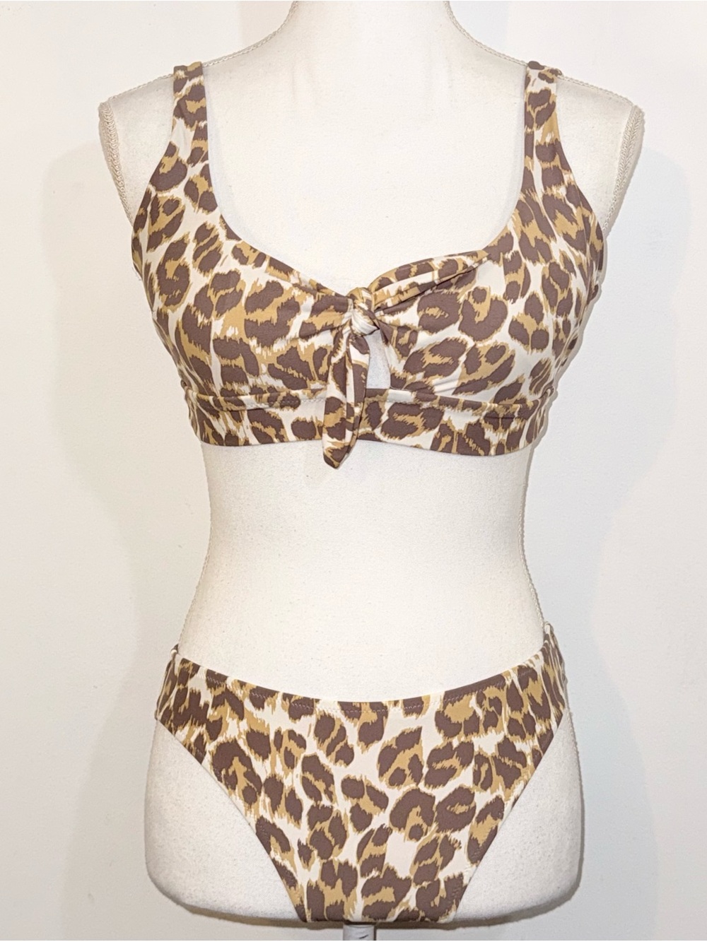Aerie Leopard Print Bikini Set Scoop Neck Tie Front Swimwear Size Medium